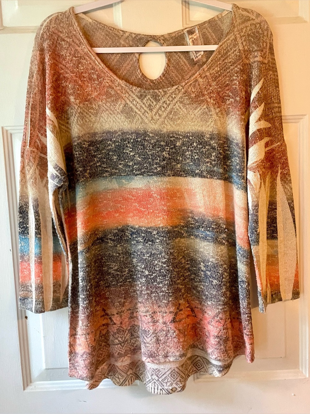 PerSeption Concept Desert Colors Orange Brown Gray Striped Light Sweater Large